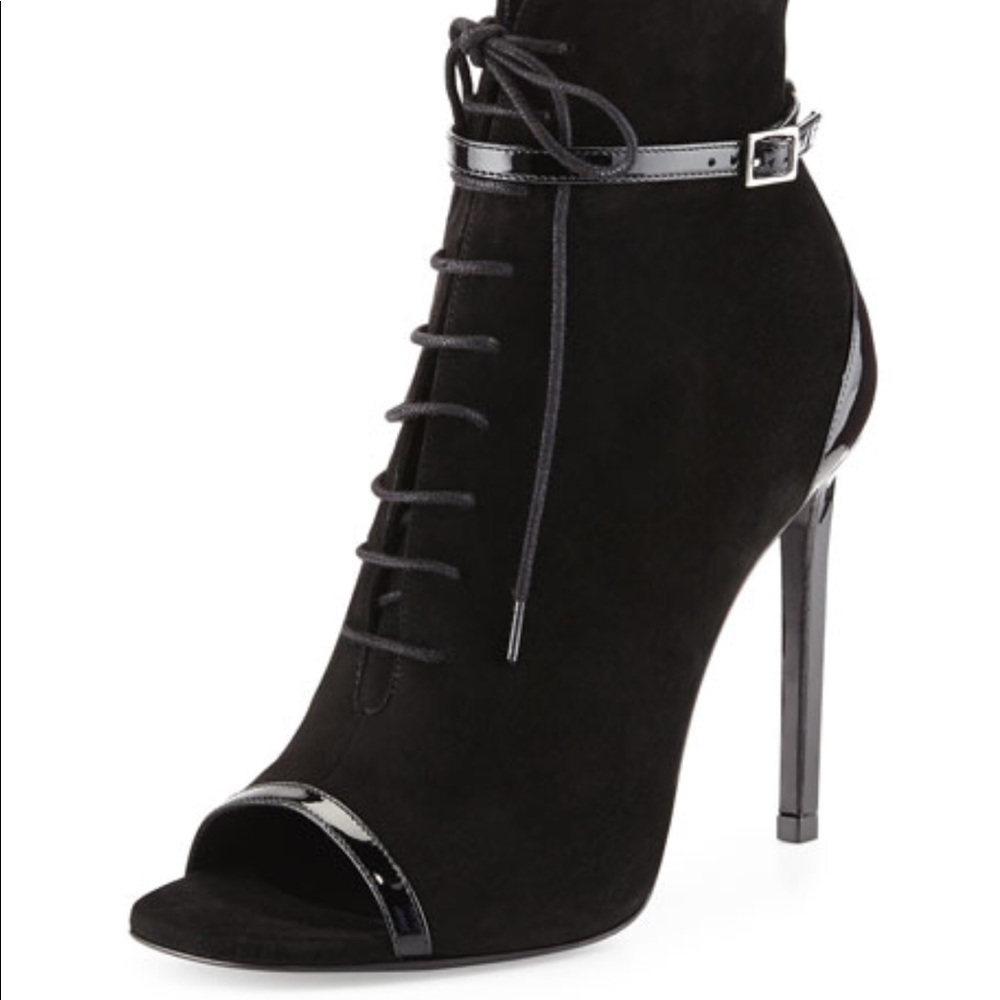 YSL- Saint Laurent
Suede Open-Toe Lace-Up Bootie